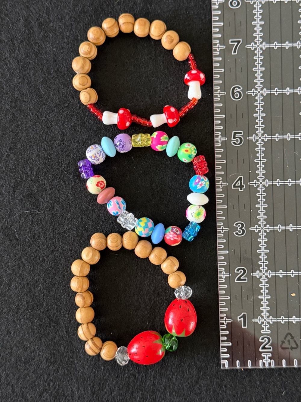 Bracelets Stretch Wood Beads, Silicone Beads, Strawberry, Mushroom, Flowers